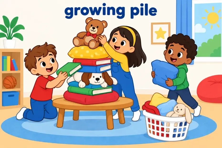 Cartoon children watch a pile of books and toys grow taller on a table, illustrating pile up in a sentence as a growing heap.
