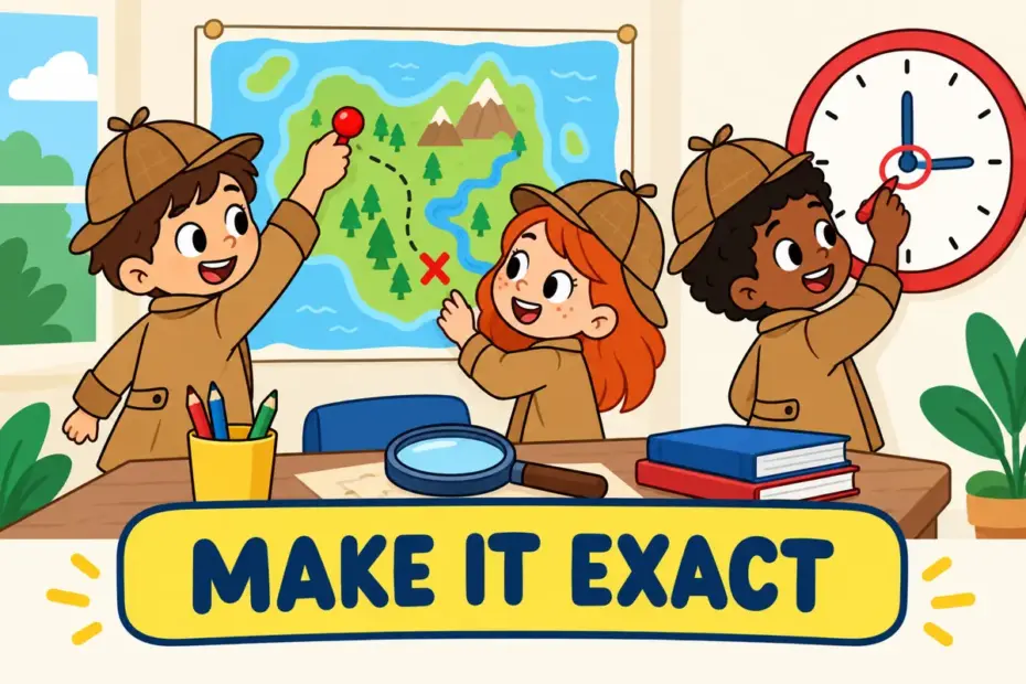 Cartoon detectives place a pin on a map and mark a clock, showing pin down in a sentence as fixing an exact detail.