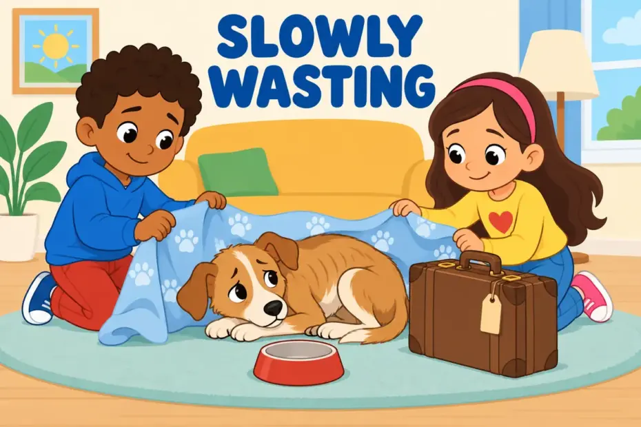 Cartoon children comfort a thin dog that pines away beside a packed suitcase, showing pine away in a sentence as slow wasting.