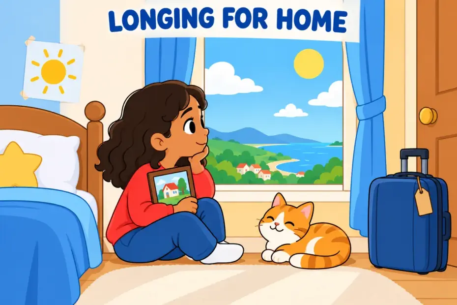 A cartoon child gazes at a photo of a faraway house, showing pine for in a sentence as quiet longing for home.