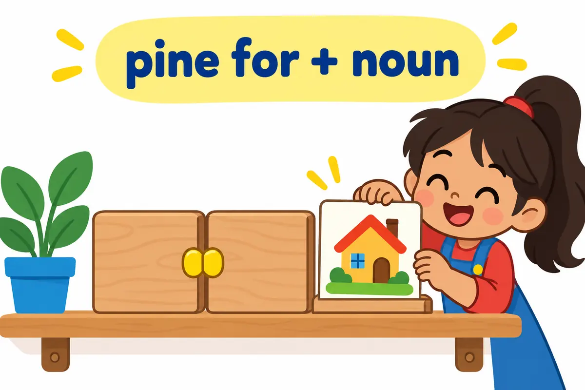 Two blank blocks joined by a clasp sit beside a house picture card, showing pine for plus a noun.