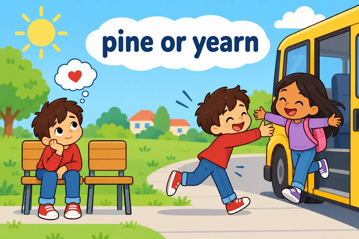 A single cartoon scene contrasts a child gazing sadly at an empty seat with a child greeting a returning friend.
