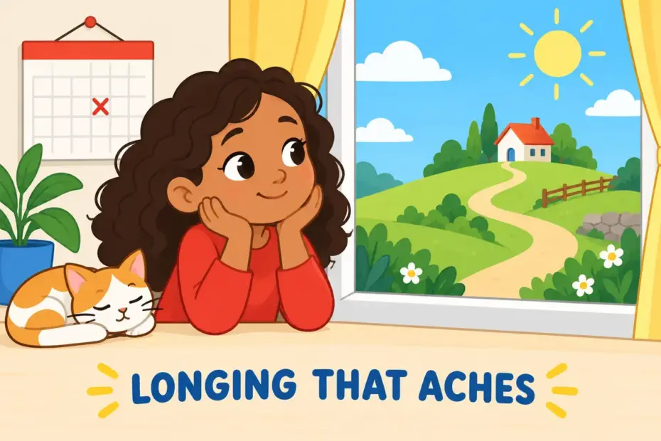 Cartoon child gazes from a window at a distant hill, showing pine in a sentence as a deep ache of longing.