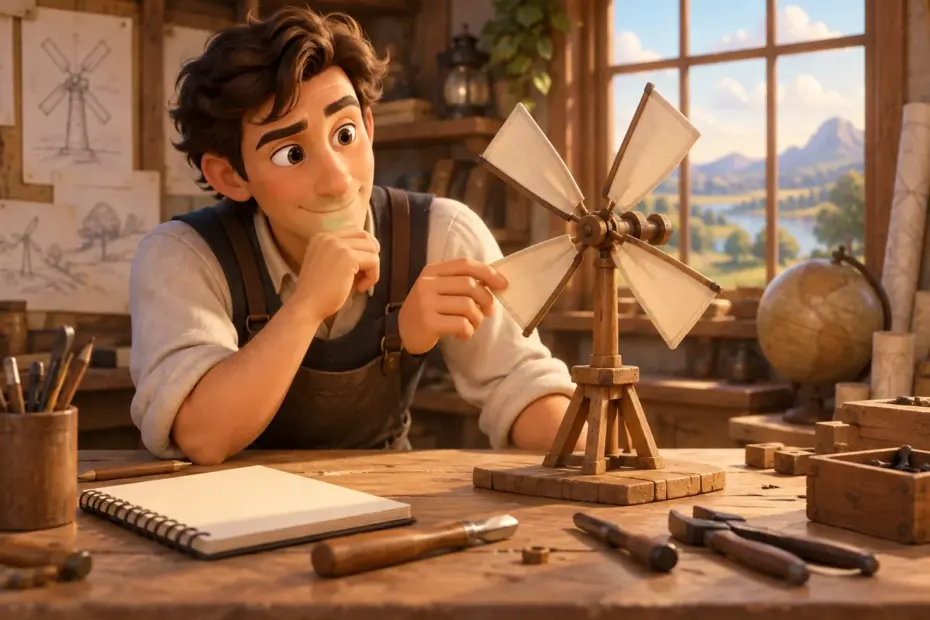An inventor tests a small wind-powered model at a workbench while sketching a new design.