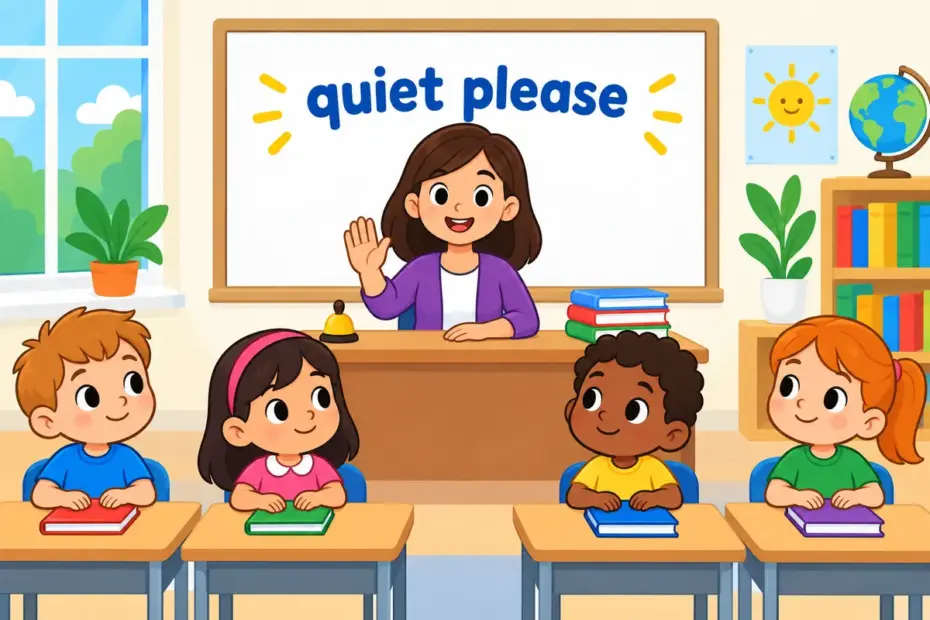 Cartoon children in a noisy classroom fall silent as their teacher raises a hand, showing pipe down in a sentence.