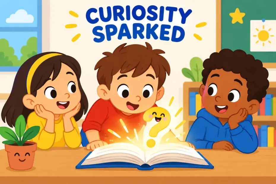A cartoon child leans eagerly toward a glowing book, showing pique in a sentence as curiosity being stirred.