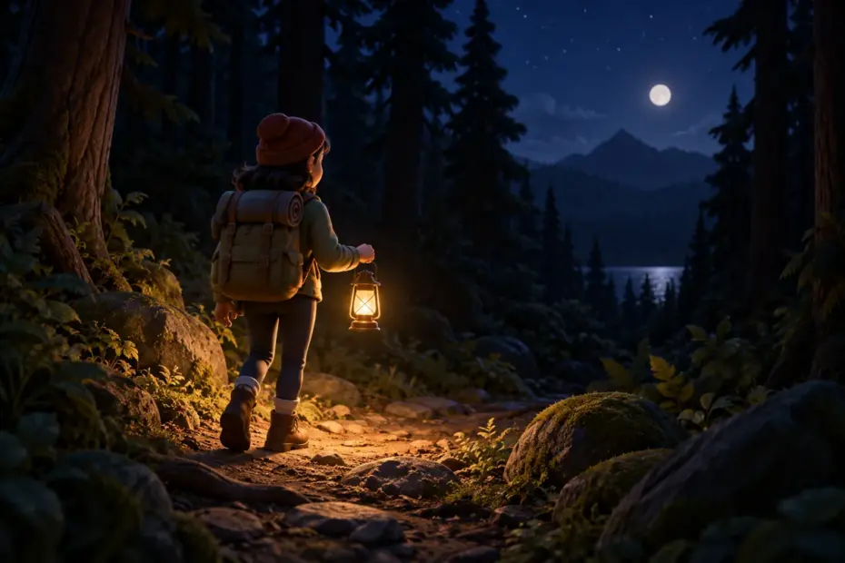 A traveler holds a small lantern in a nearly dark forest path at night.