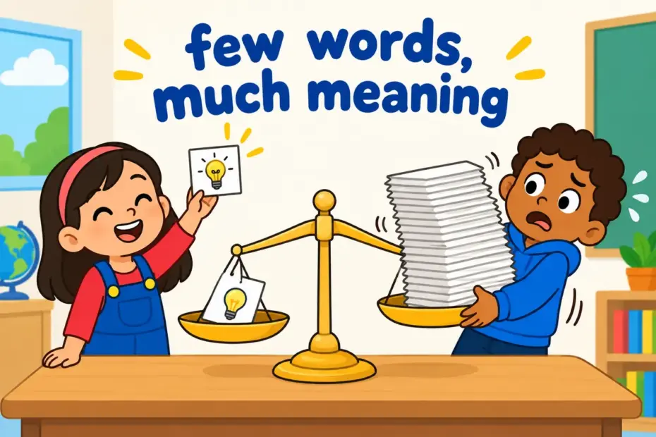 A cartoon child holds one small sign that outweighs a tall stack of papers, showing pithy in a sentence as dense, brief meaning.