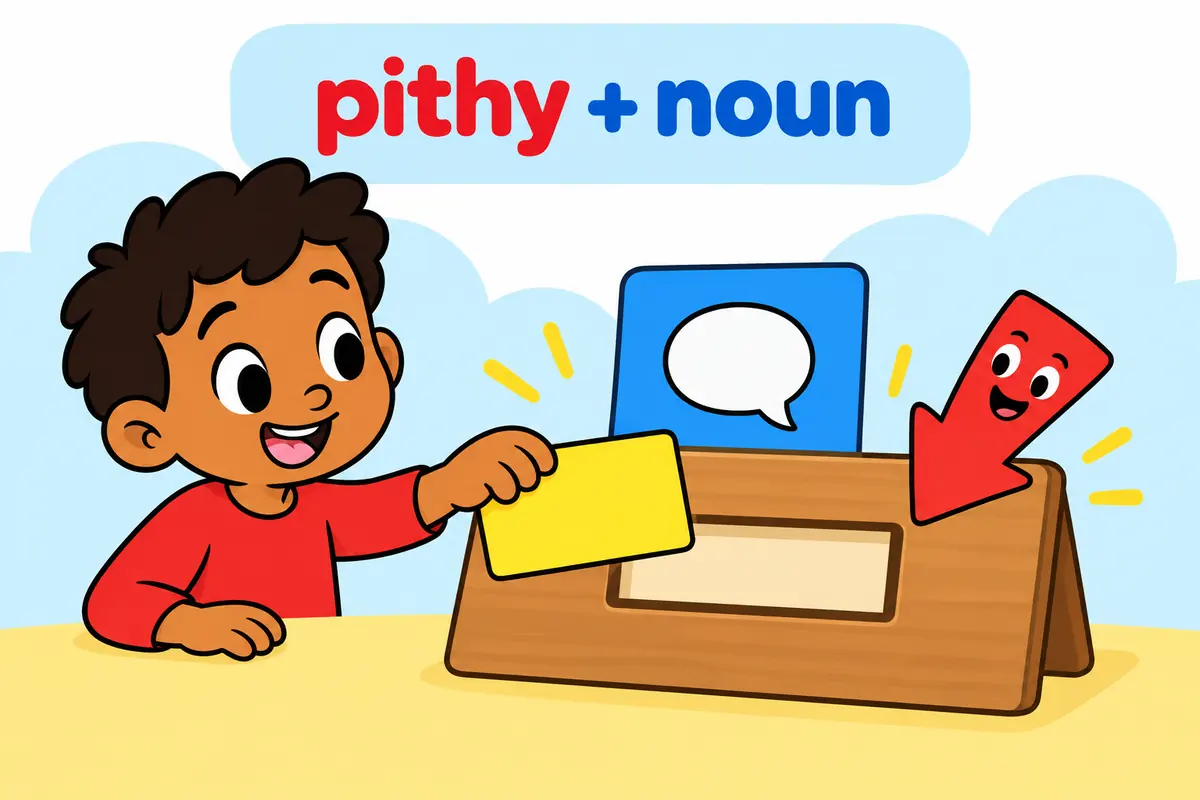 A cartoon child slots a coloured adjective card into the empty space before a noun card on a wide board.