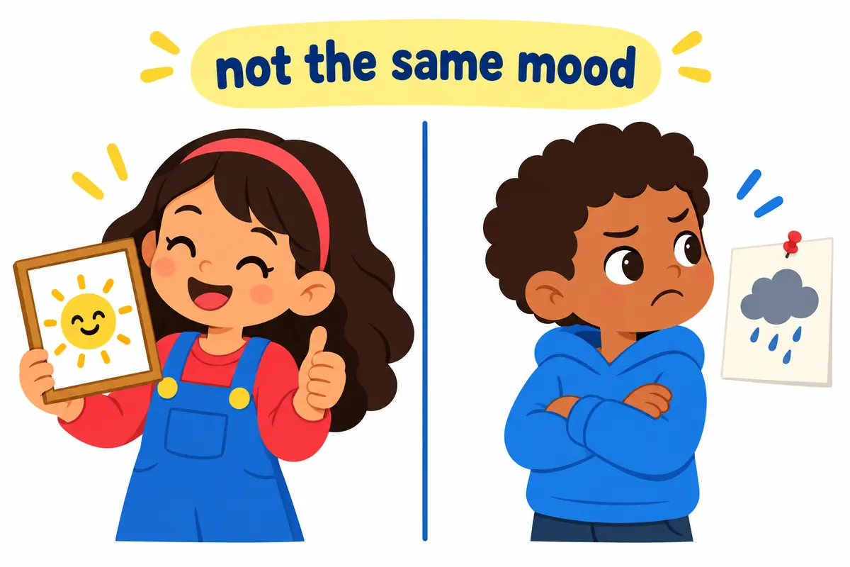 A smiling girl holds a sunny picture while a boy folds his arms beside a rain-cloud card, showing two different moods.