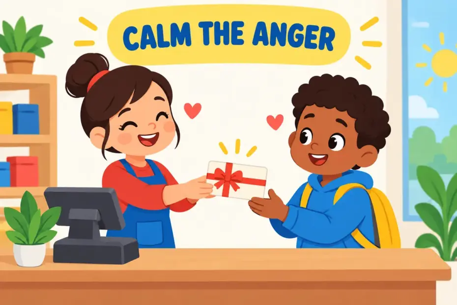 Cartoon staff give an upset parent a voucher and a smile, illustrating placate in a sentence as calming anger.