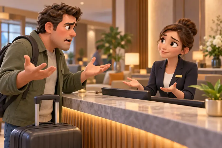A host listens to an upset guest with a calm, open gesture.