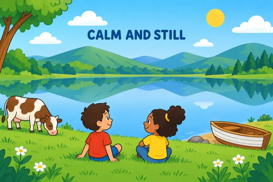 Cartoon children sit quietly beside a placid lake at sunrise, showing placid in a sentence as a lasting calm.