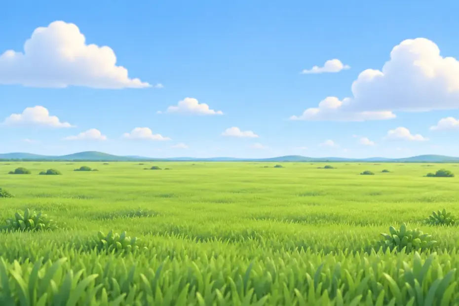 A broad grassy plain beneath a pale sky.