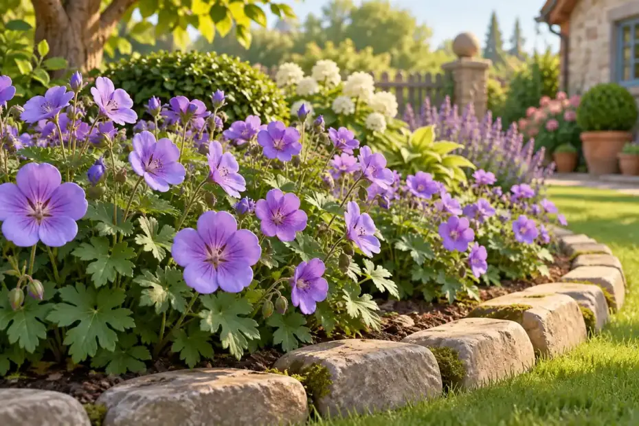 A garden border contains purple hardy geranium flowers.