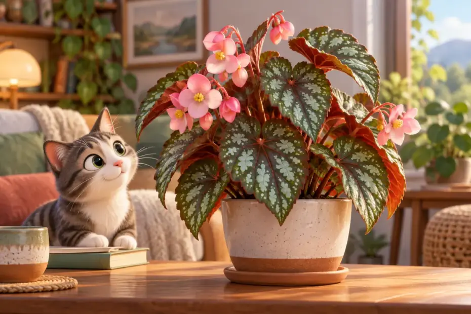 A potted begonia has patterned leaves and pink flowers.