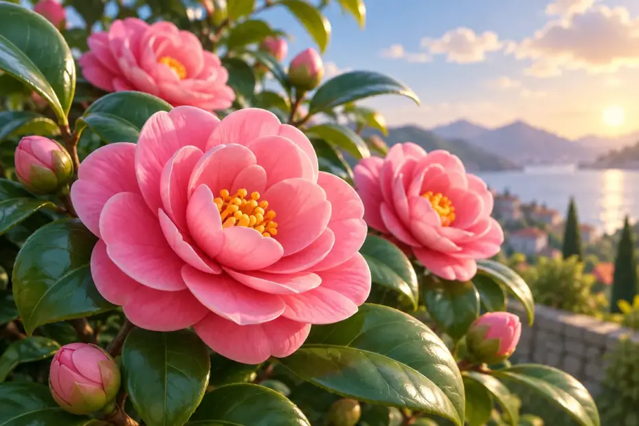 Pink camellia flowers bloom against glossy green leaves.