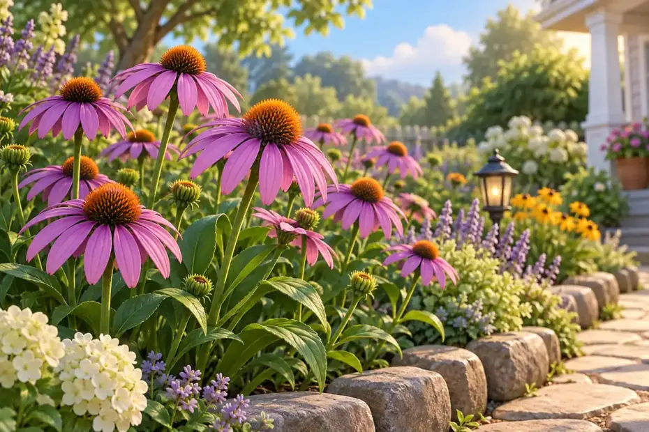 Purple coneflowers bloom in a garden border.