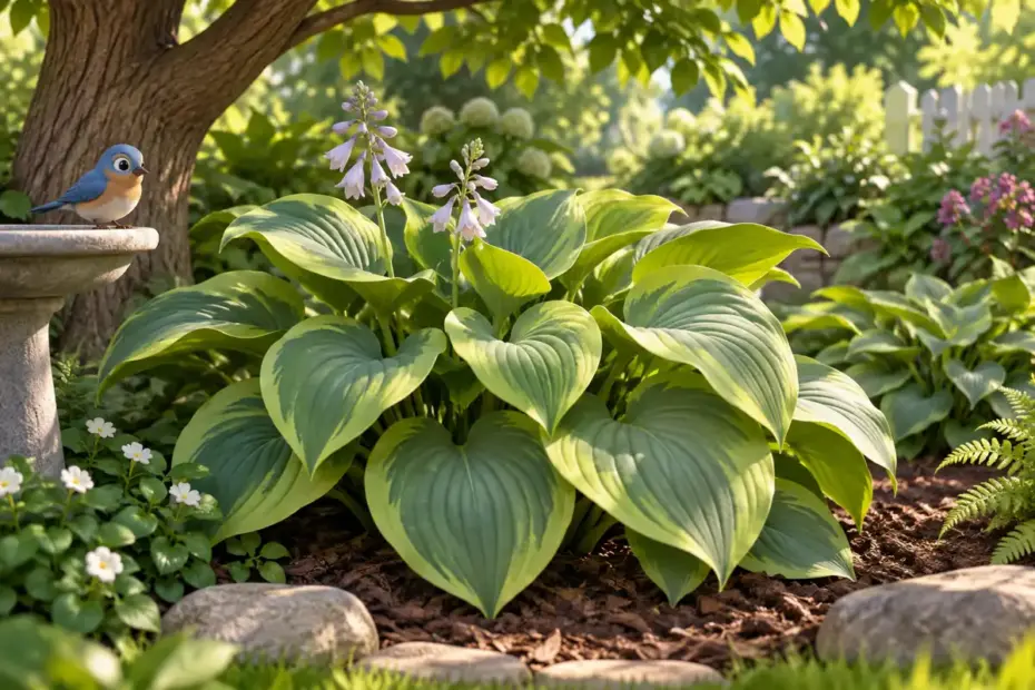 A shaded garden bed contains broad hosta leaves.