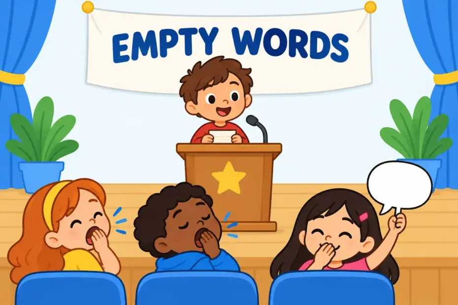 A cartoon speaker reads a worn card while pupils yawn, showing platitude in a sentence as an empty, overused remark.