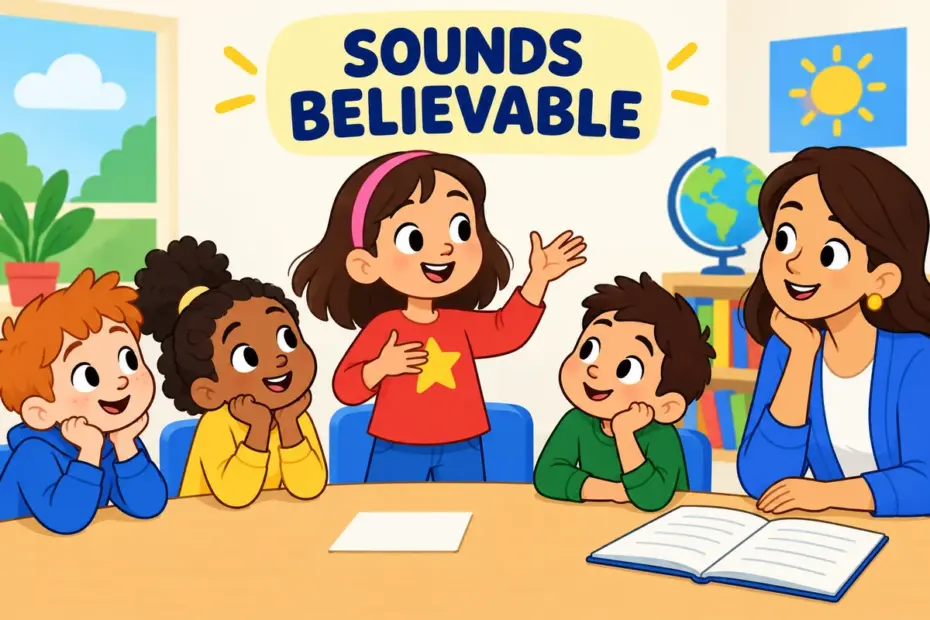 Cartoon children listen to a classmate tell a story, showing plausible in a sentence as a believable claim.