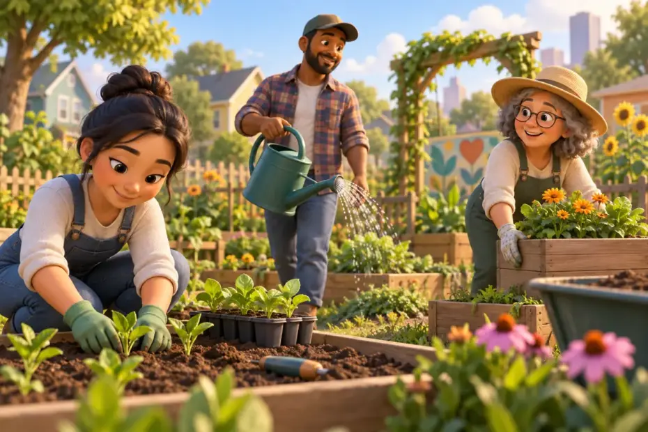 Several neighbors work together as a new community garden takes shape.