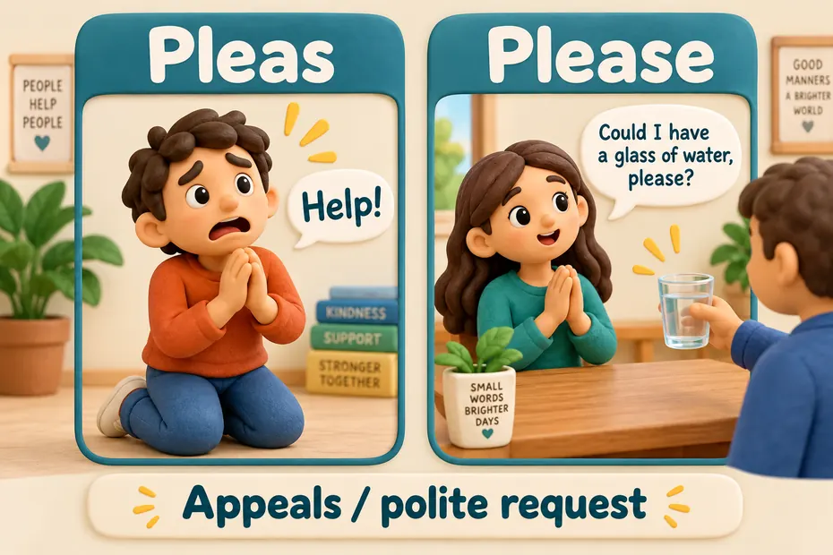 Pleas means appeals; please marks a polite request.