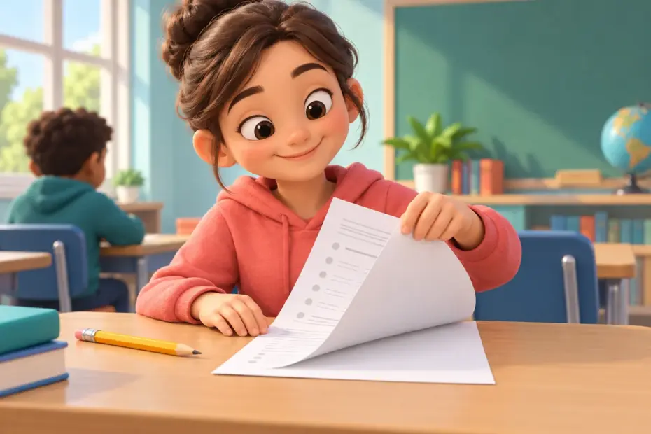 A student gently flips a two-sided worksheet to continue an activity on the reverse side.