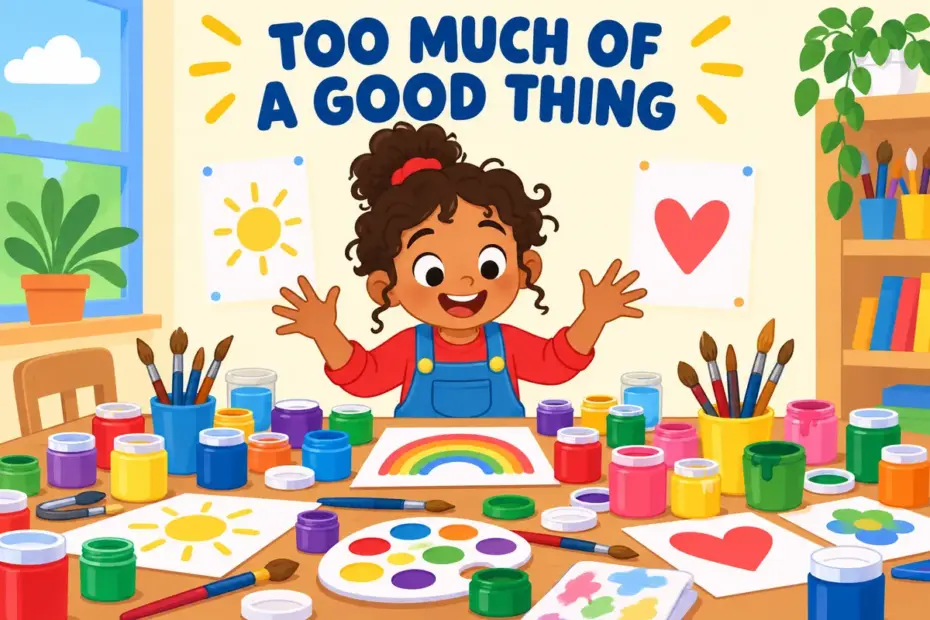 Cartoon child looks at a table crowded with paint pots and brushes, showing plethora in a sentence as an overflowing choice.