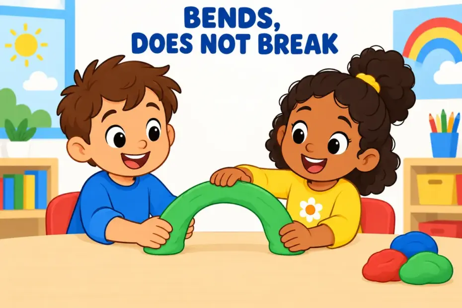 Cartoon children bend a soft strip of clay into a curve, showing pliable in a sentence as bending without breaking.