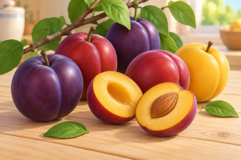 Purple, red, and yellow plums surround one cut fruit on a wooden table.
