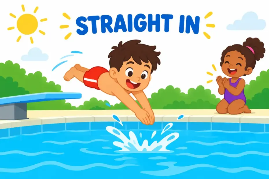 Cartoon child leaps from a diving board into blue water, showing plunge into in a sentence as a sudden, wholehearted entry.