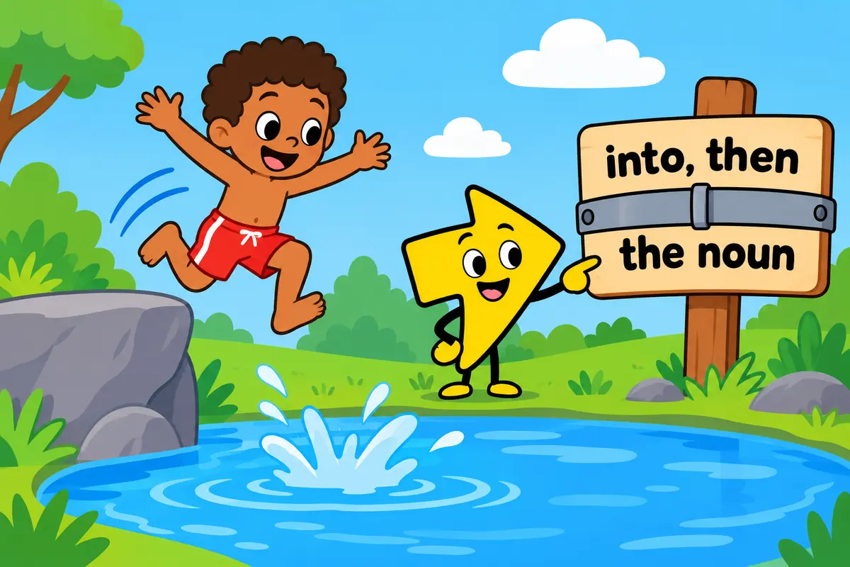 A cartoon child leaps from a low rock into a pool while a sign shows the words plunge and into joined by a fixed band.