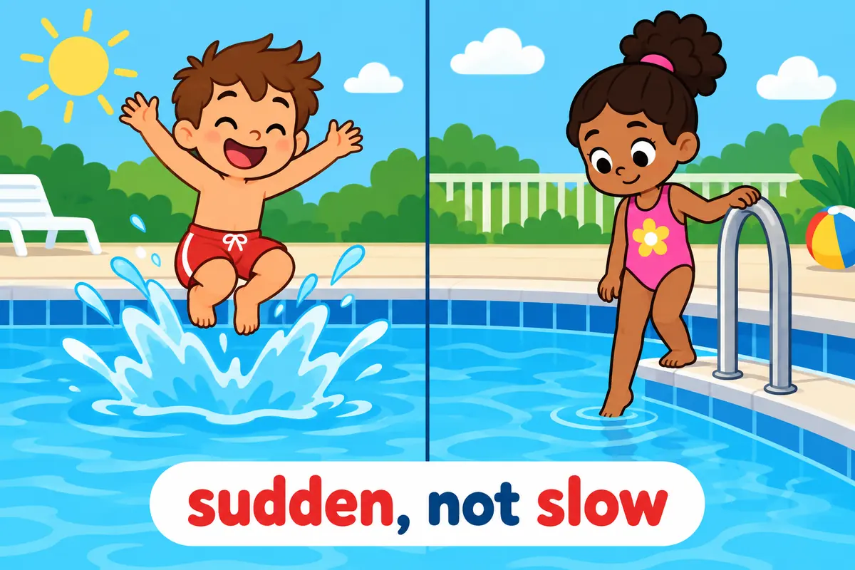 A cartoon split scene contrasts a child diving straight into a pool with a child lowering one toe from the edge.