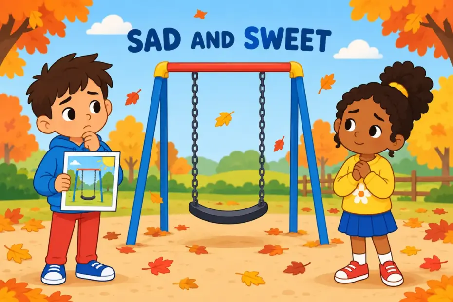 Cartoon children look at an empty swing beside a photo, showing poignant in a sentence as tender sadness mixed with fondness.
