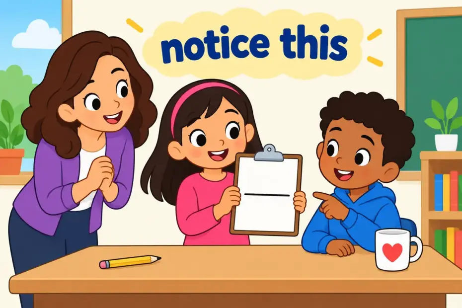 Cartoon children show a teacher an unsigned form, showing point out in a sentence as drawing attention to a fact.