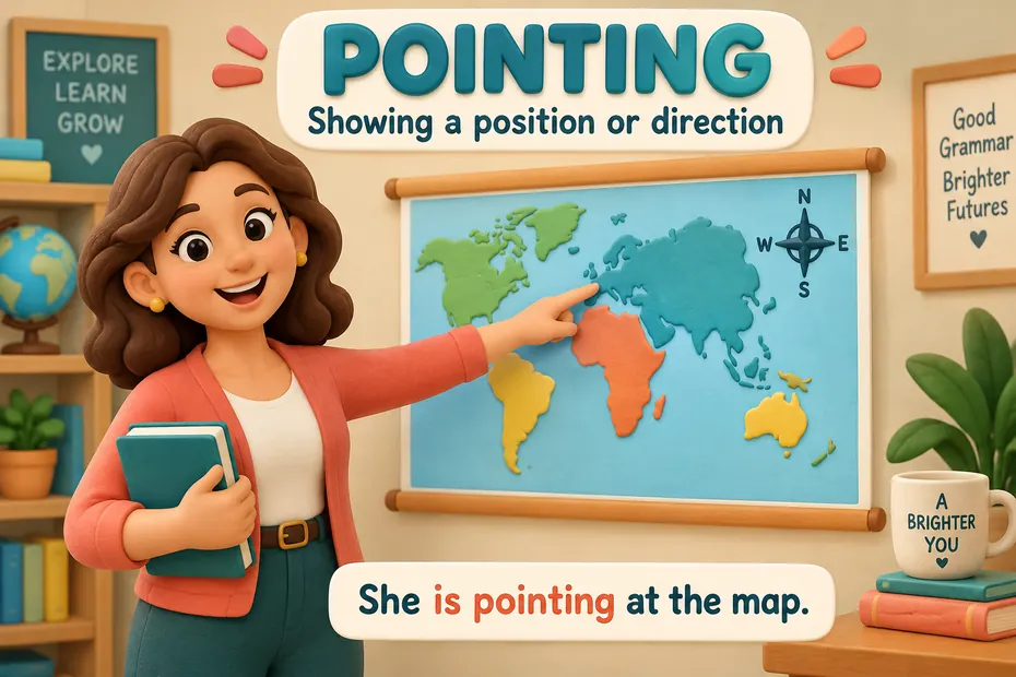 Pointing shows a position or direction: she is pointing at the map.