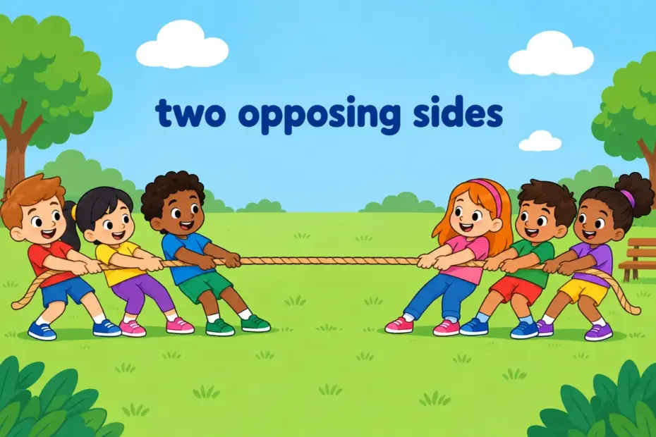 Cartoon children pull a rope from two opposite ends of a playground, illustrating polarize in a sentence as a group split.