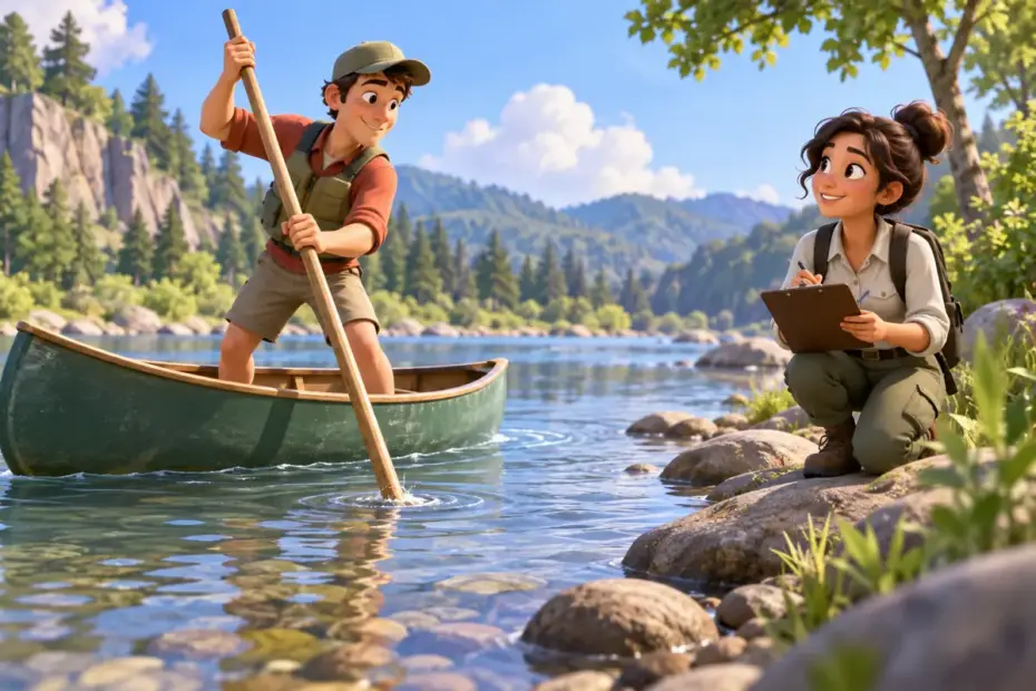 A canoeist pushes a long pole against the riverbed while a survey worker records answers on a clipboard.