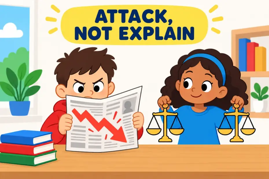 A cartoon writer points at a fiery newspaper opinion page, showing polemic in a sentence as a one-sided attack.