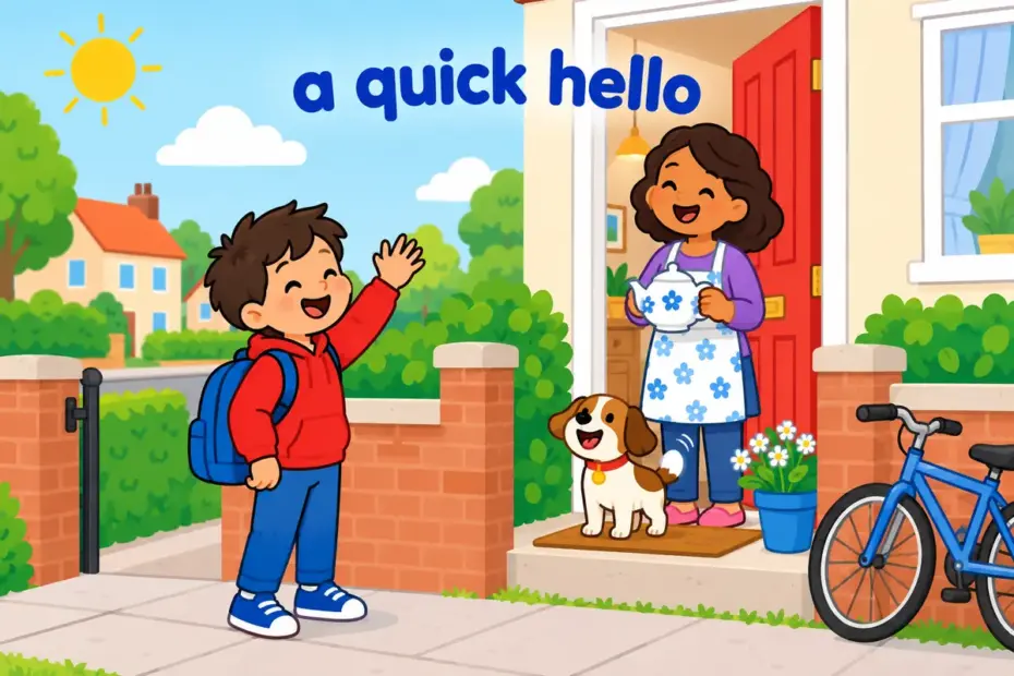 Cartoon neighbours greet each other at an open door with a teapot, showing pop in in a sentence as a short informal visit.