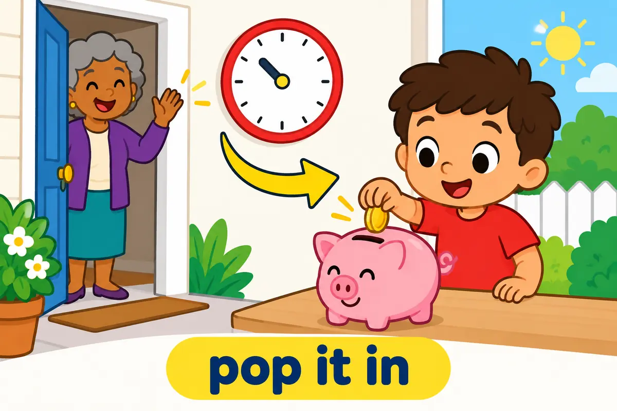 A cartoon neighbour waves from a doorway while a clock shows a short visit, and a child drops a coin into a slot nearby.