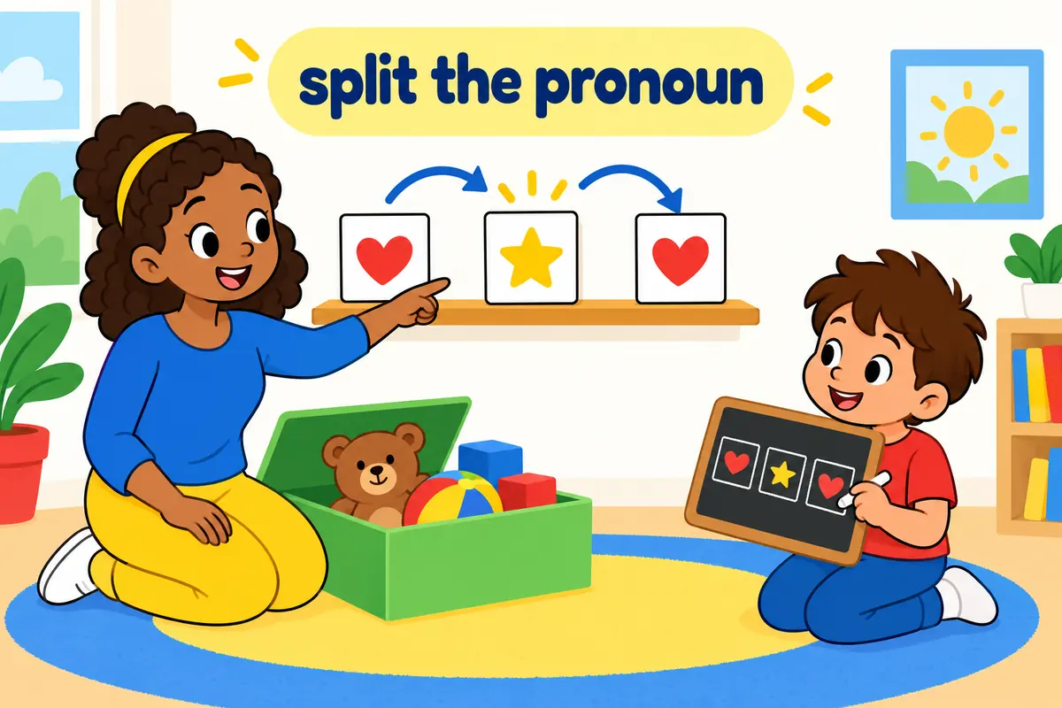A guide moves plain picture cards on a shelf while a child copies the order, showing where the pronoun goes.