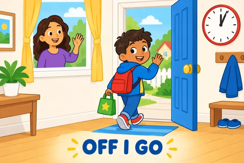 Cartoon boy waves at a doorway carrying a small errand bag, illustrating pop off in a sentence as leaving in a hurry.