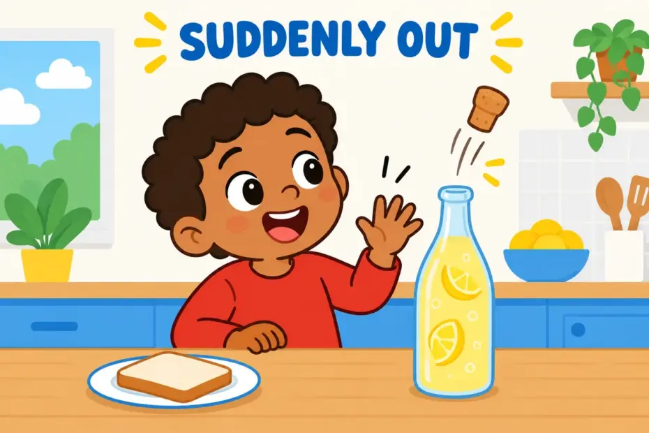 A cartoon cork bursts out of a bottle while a startled child watches, showing pop out in a sentence as a sudden emergence.
