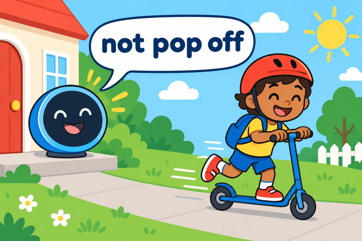 A message bubble pops from a screen as a child rides a scooter away, distinguishing pop out from pop off.