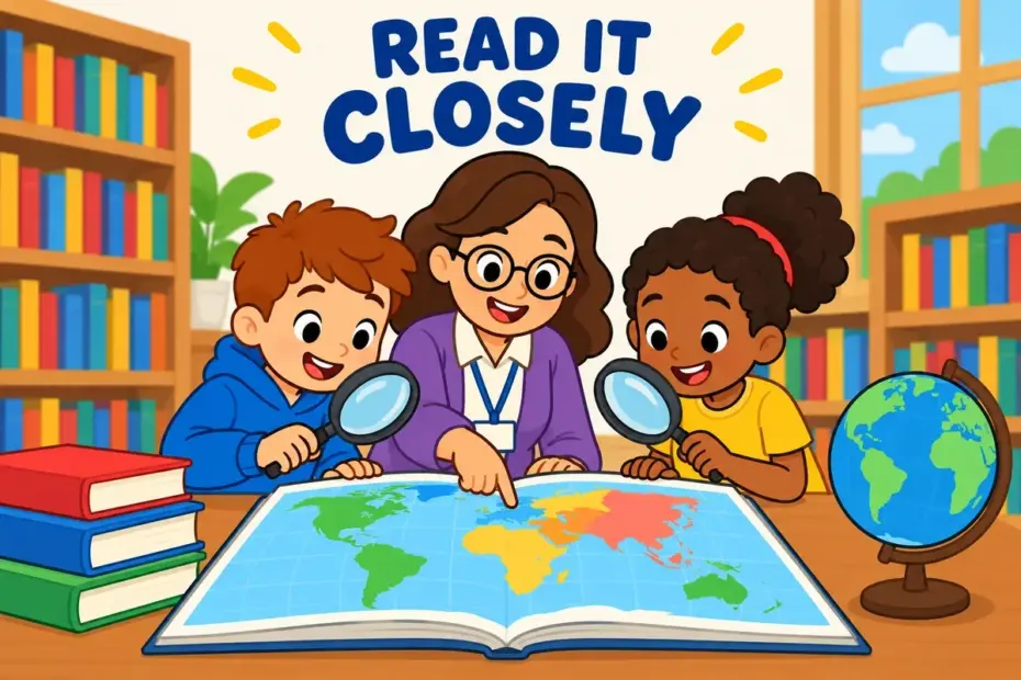 Cartoon pupils lean over a big open atlas with magnifiers, showing pore over in a sentence as close study.