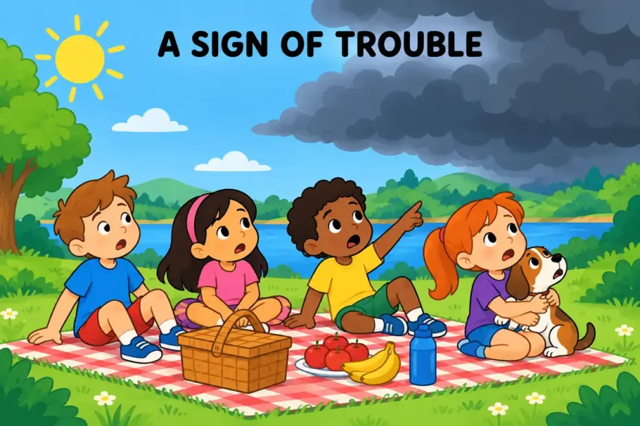 Cartoon children watch a dark cloud gather over a sunny picnic, showing portent in a sentence as a warning sign.
