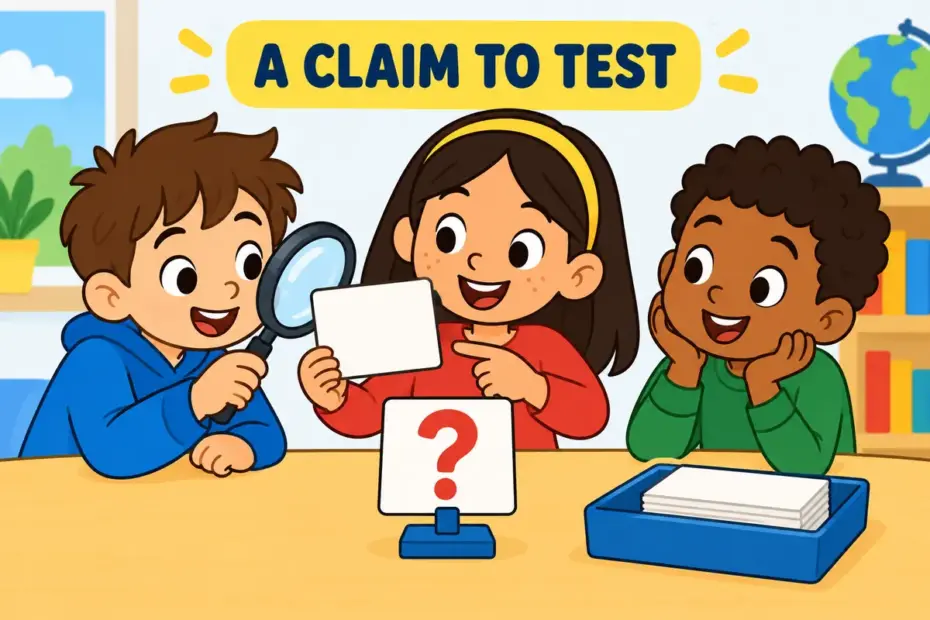 Cartoon pupils place a claim card on a testing table, showing posit in a sentence as an idea offered for checking.