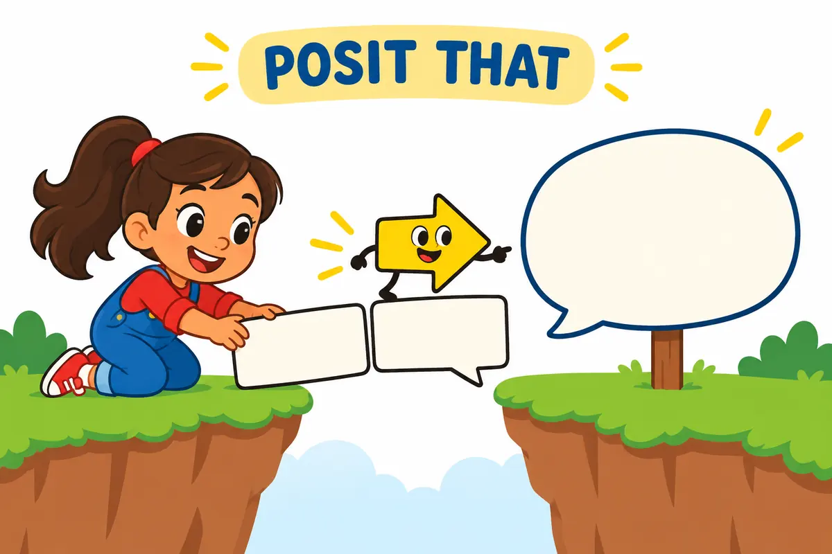 A child builds a bridge from blank blocks toward an empty speech bubble beneath the label POSIT THAT, illustrating the pattern by icons.